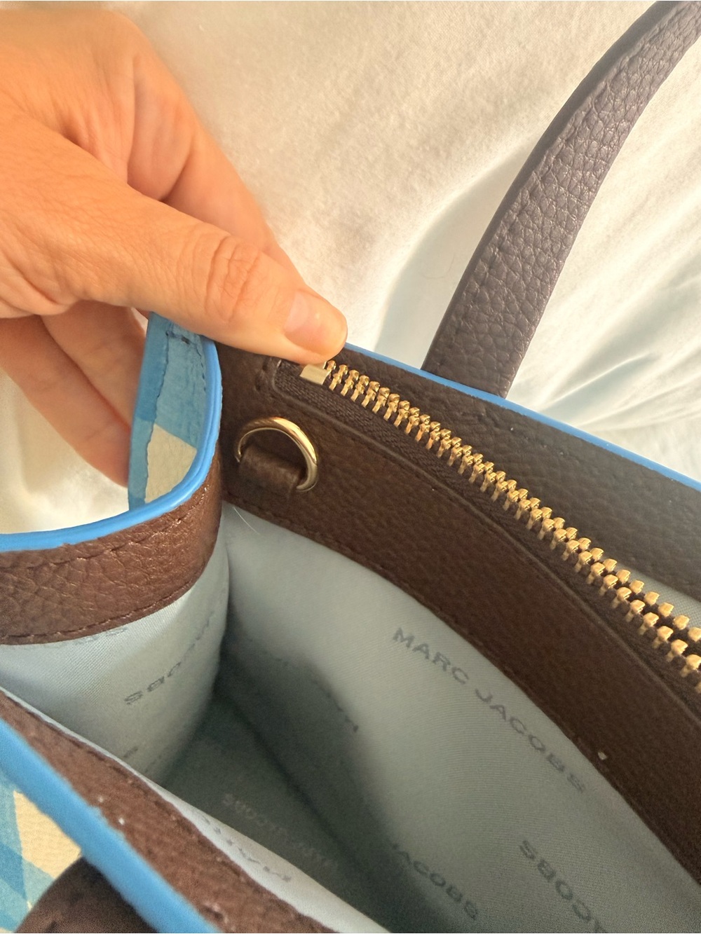 Marc Jacobs Blue and Cream Gingham Mini Tote with Brown Handles - Picture 4 of 6